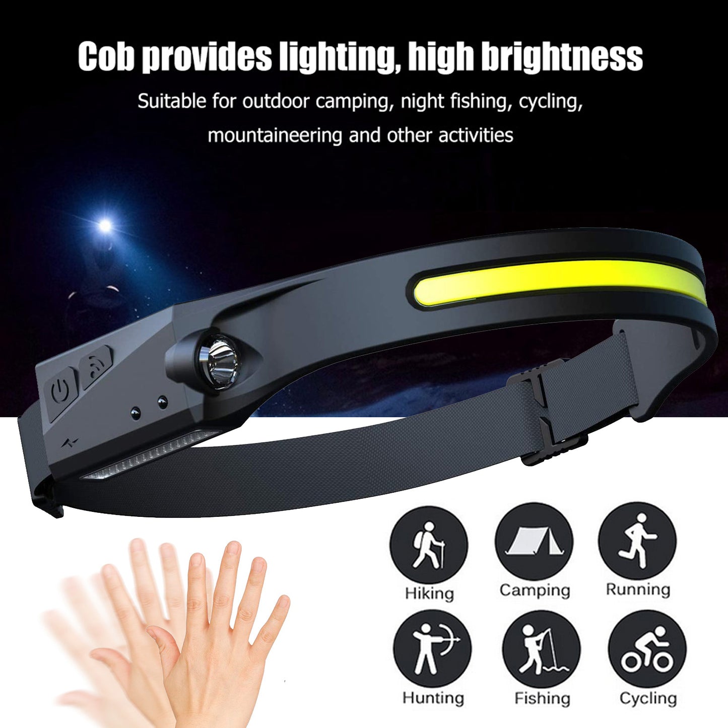 COB LED Headlamp – USB Rechargeable Induction Flashlight for Camping & Hunting