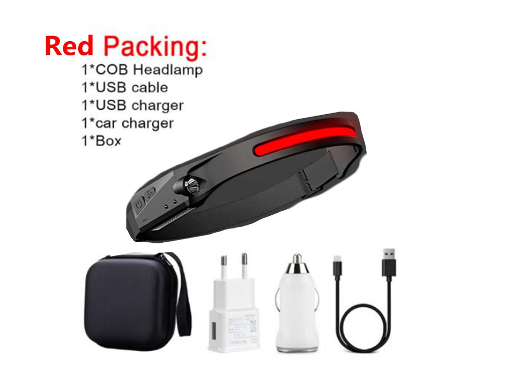 COB LED Headlamp – USB Rechargeable Induction Flashlight for Camping & Hunting