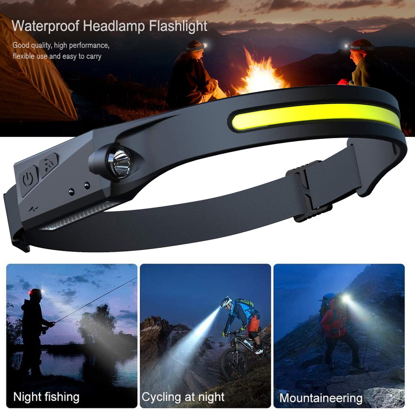 COB LED Headlamp – USB Rechargeable Induction Flashlight for Camping & Hunting